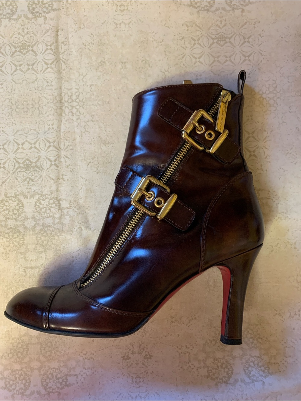 Luciano Padovan Cognac Women's Brown Leather Gold Zip & Buckle Ankle Boot. Sz 38